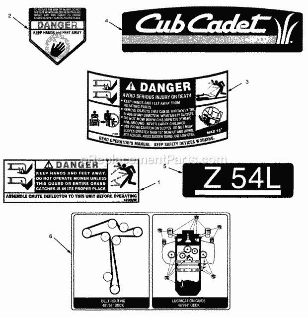 Graphics Diagram and Parts List for Z54L 53AC365K100 Cub Cadet Lawn Mower